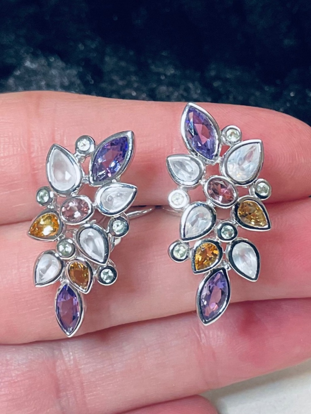 Solid 14K White Gold Multi-Gemstone Cluster Omega Back Earrings